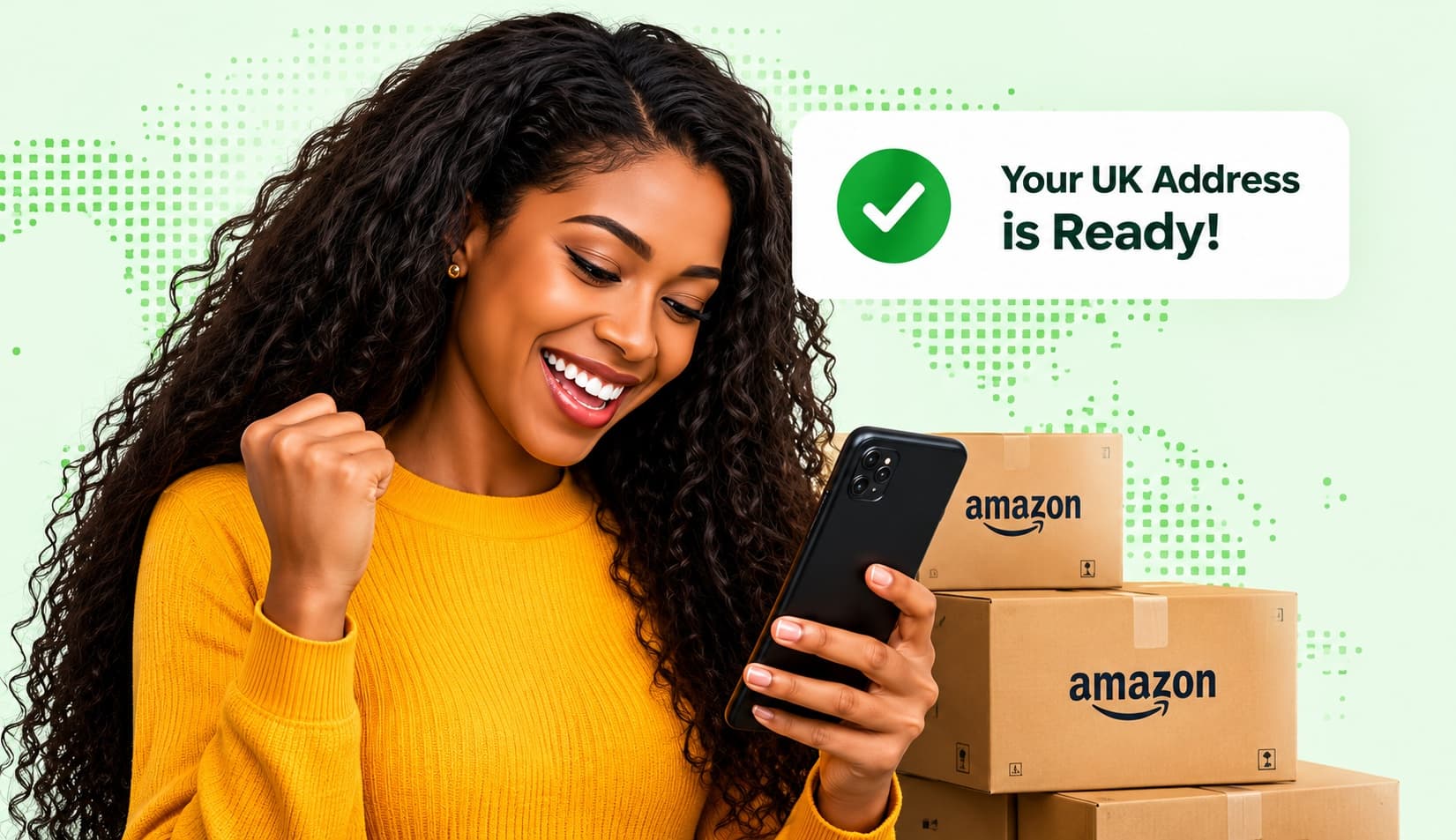 A smiling woman celebrates on her phone next to parcels, with a message that her UK address is ready
