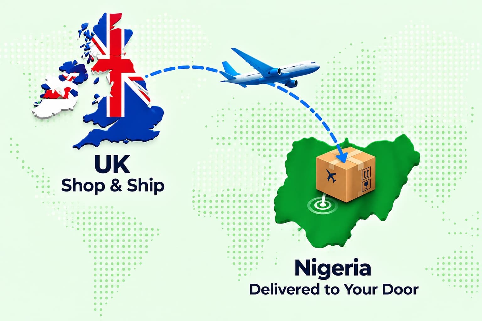 A map showing a parcel flying from the UK to Nigeria: shop and ship in the UK, delivered to your door in Nigeria