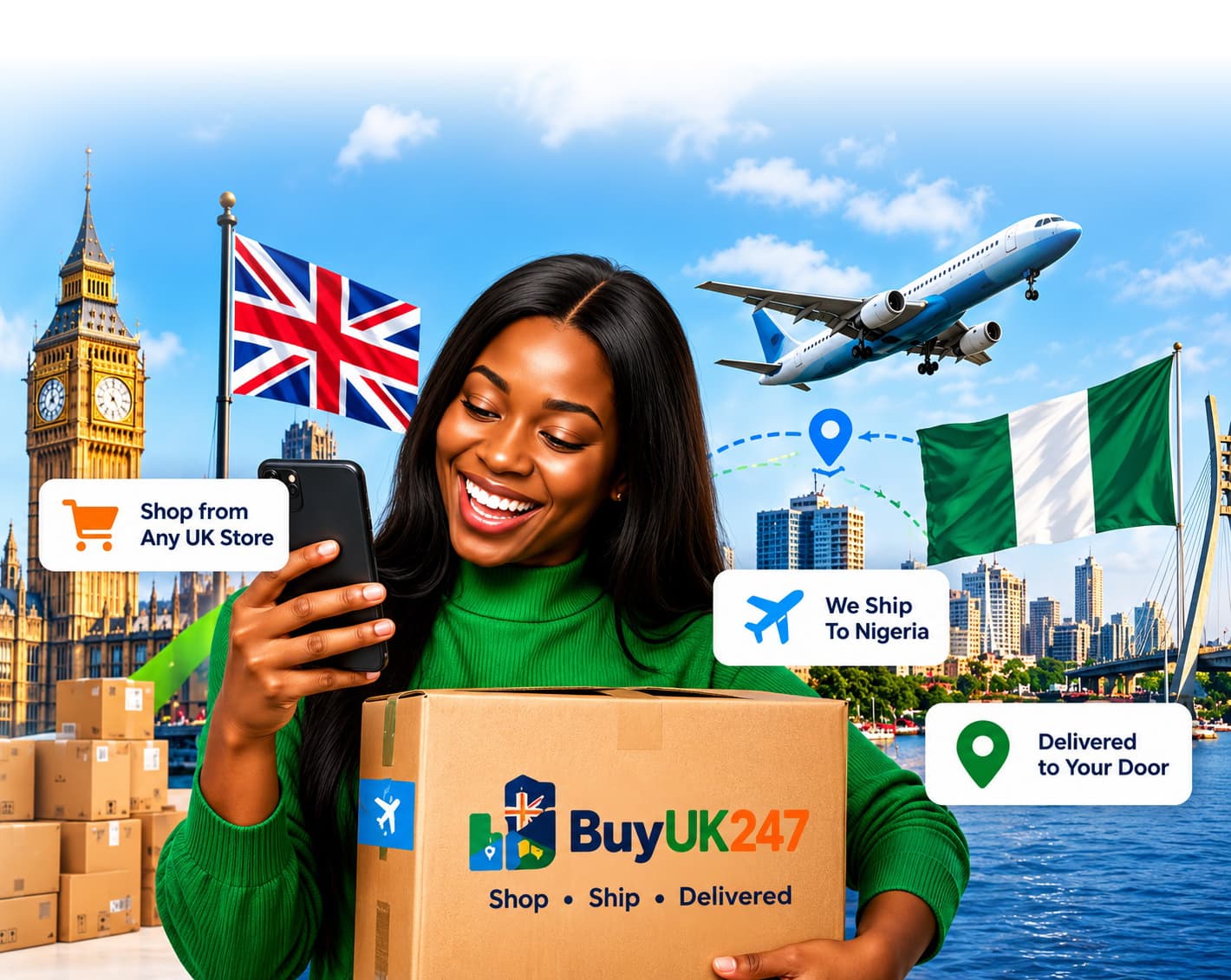 A smiling woman in a green top looks at her phone and holds a parcel, with Big Ben, the UK and Nigerian flags and an aeroplane behind her