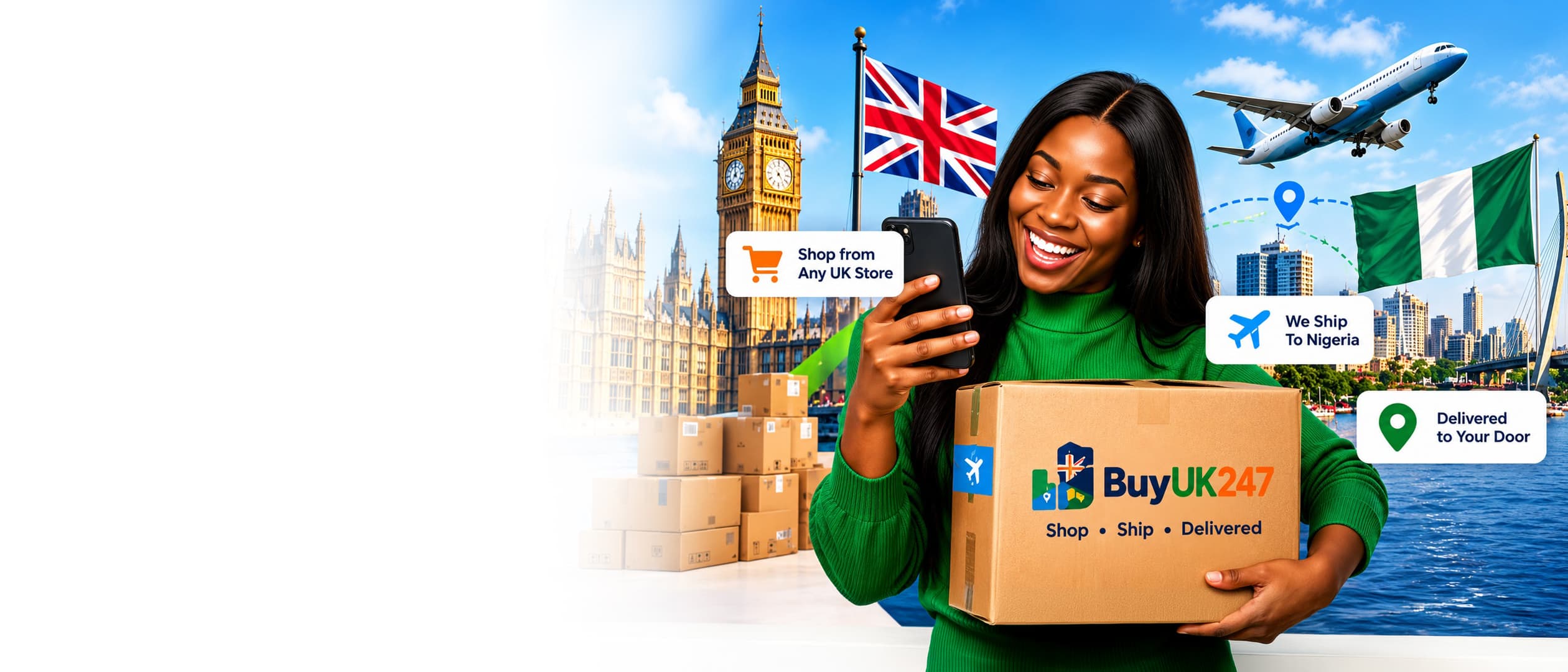 A smiling woman in a green top looks at her phone and holds a BuyUK247 parcel, with Big Ben, the UK and Nigerian flags and an aeroplane behind her