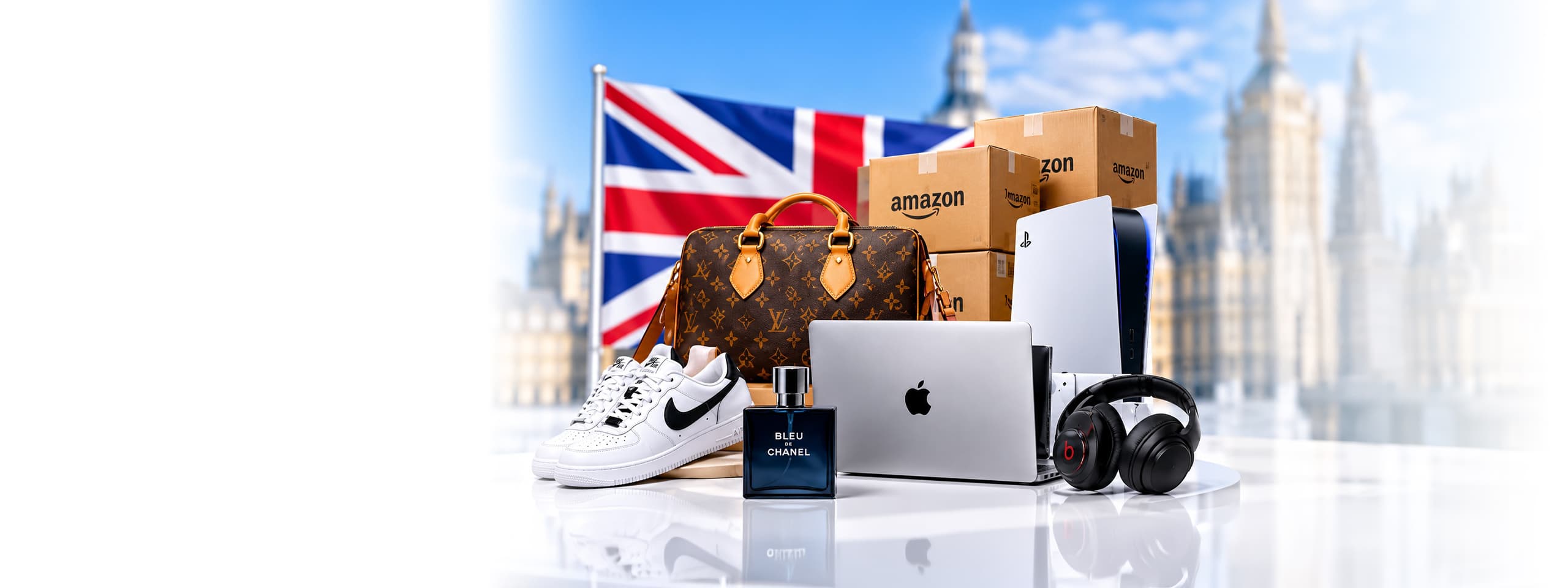 A pile of UK shopping: handbag, trainers, laptop, headphones and parcels