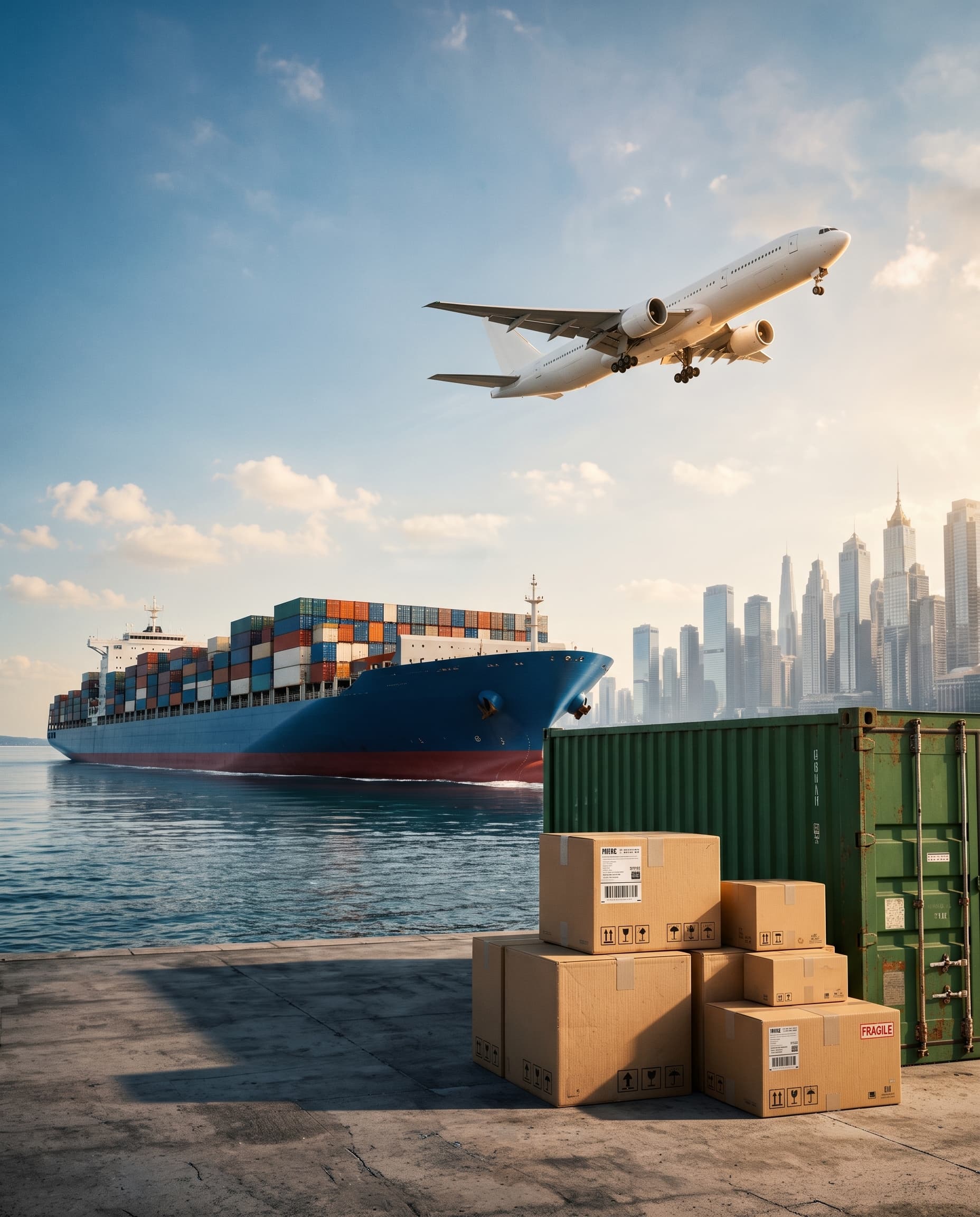 Cargo plane flying over a container ship loaded with containers